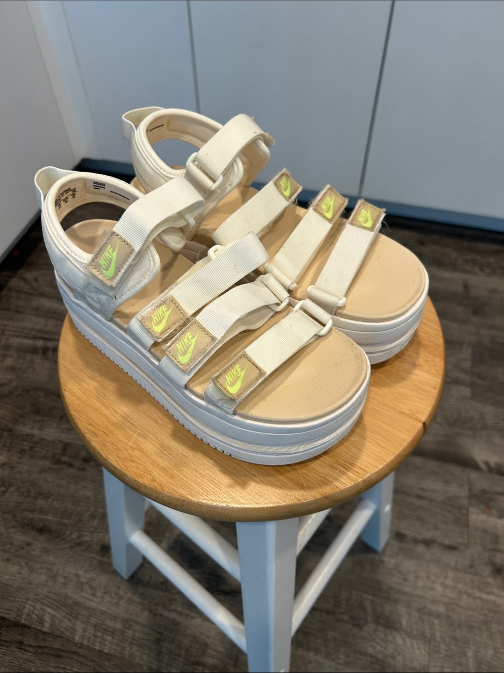 Nike Cream Platform Strappy Sandals with Lime Accents